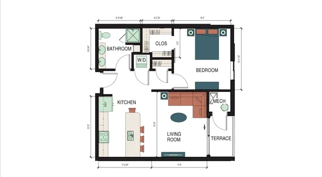 Modern floor plan featuring one bedroom, spacious living room, functional kitchen, and elegant terrace.