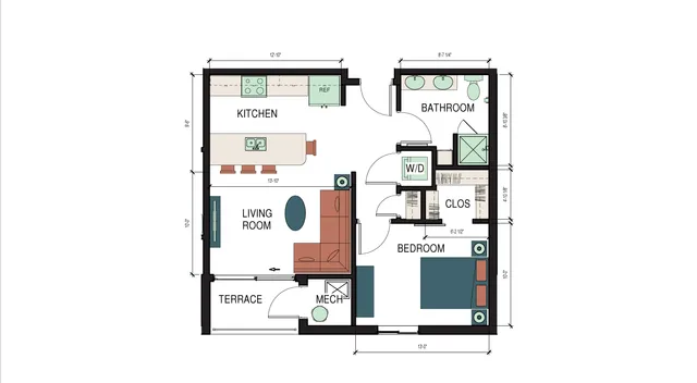Modern floor plan showcasing a chic 1-bedroom apartment with a spacious living room, stylish kitchen, bathroom, and cozy terrace.