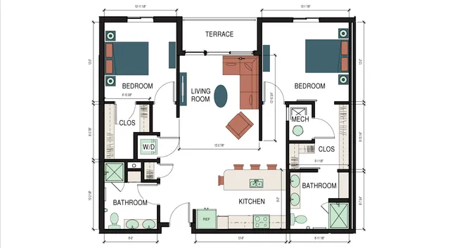 Modern floor plan showcasing two spacious bedrooms, inviting living room, contemporary kitchen, and sunlit terrace.