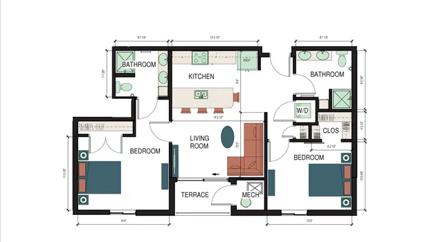 Elegant floor plan showcasing 2 bedrooms, open-concept kitchen, and cozy living room with a terrace.
