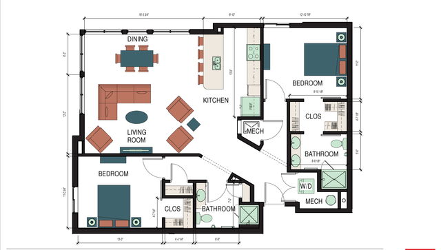 Modern 2-bedroom apartment floor plan featuring an open-concept living and dining area, gourmet kitchen with island, and two luxurious bathrooms. Ideal for spacious living.