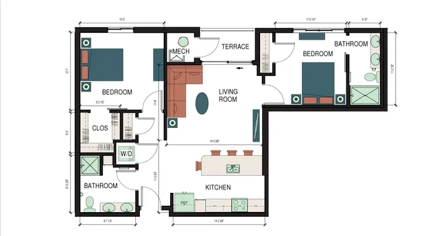 Chic L-shaped floor plan featuring 2 elegant bedrooms, an open-concept kitchen, and a cozy living room with a terrace.