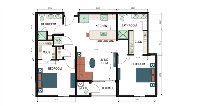 Modern floor plan showcasing 2 spacious bedrooms, sleek kitchen, cozy living room, and inviting terrace. Includes dual bathrooms and convenient washer/dryer space.