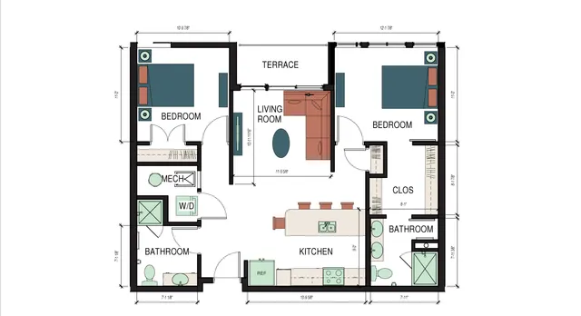 Modern apartment floor plan showcasing 2 bedrooms, 2 bathrooms, open kitchen, and spacious living room with terrace access.