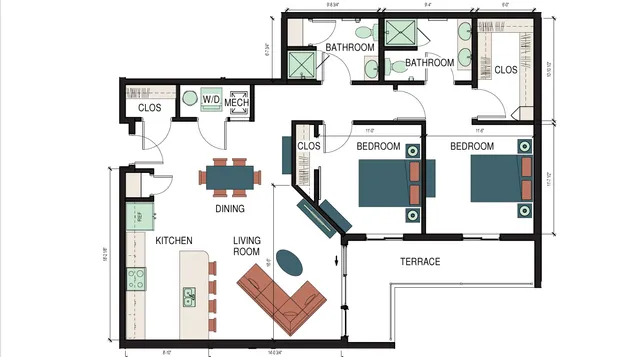 Elegant floor plan showcasing 2 cozy bedrooms, modern kitchen, open dining and living area, and a charming terrace.