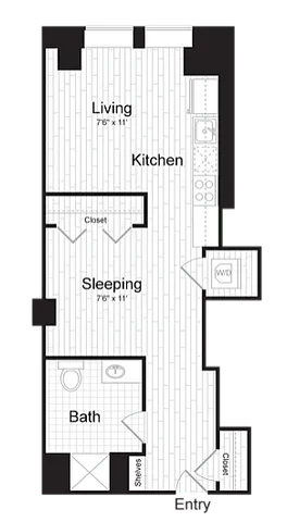 Chic and efficient floor plan showcasing a spacious living area, sleek kitchen, cozy sleeping space, and modern bathroom.
