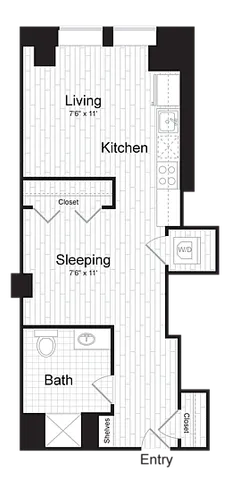 Modern studio apartment floor plan with open living and kitchen area, separated sleeping space, and spacious bathroom.