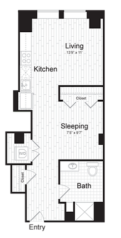 Chic urban studio floor plan featuring a spacious living area, modern kitchen, and cozy sleeping space with ample closet storage.