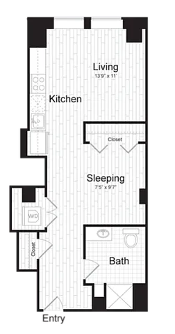 Modern studio floor plan featuring an open-concept living and kitchen area, designated sleeping space, and a full bath with convenient closet storage.