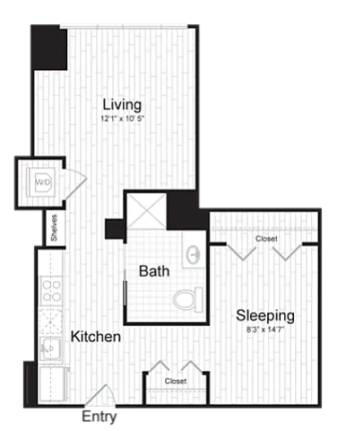 Modern floor plan featuring a spacious living area, functional kitchen, cozy sleeping space, and well-equipped bath.