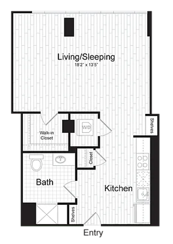 Modern studio apartment floor plan featuring a spacious living/sleeping area, stylish kitchen, and convenient bathroom with walk-in closet.