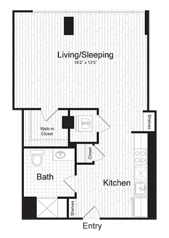 Chic studio apartment floor plan with spacious living and sleeping area, modern kitchen, and convenient bath. Features include a walk-in closet and washer/dryer nook.