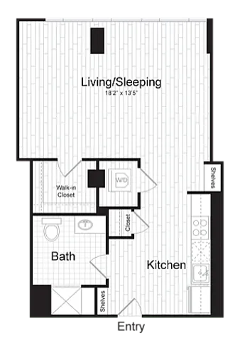 Efficient studio apartment floor plan featuring spacious living/sleeping area, modern kitchen, and stylish bath with walk-in closet.