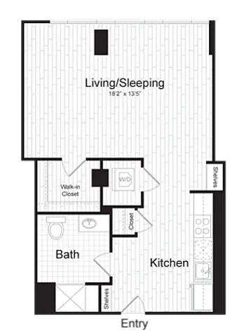 Modern studio floor plan featuring a spacious living/sleeping area, stylish kitchen, bath, walk-in closet, and washer/dryer unit.