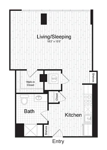 Modern studio floor plan featuring open-concept living and sleeping area, walk-in closet, kitchen, and spacious bathroom.