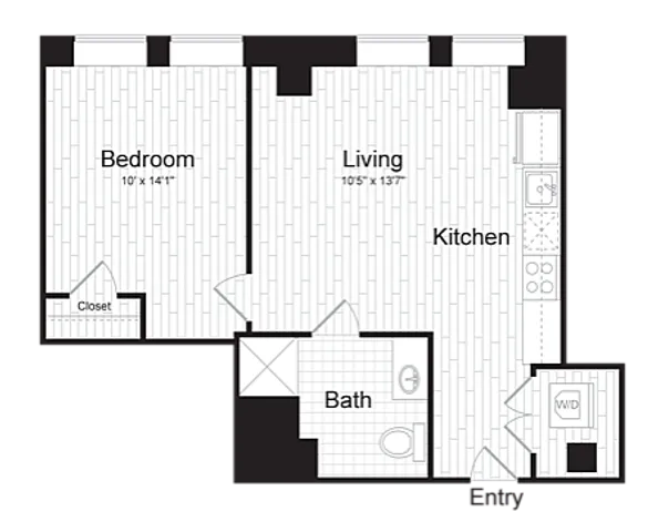 Modern 1-bedroom floor plan with open living area, sleek kitchen, and stylish bathroom.