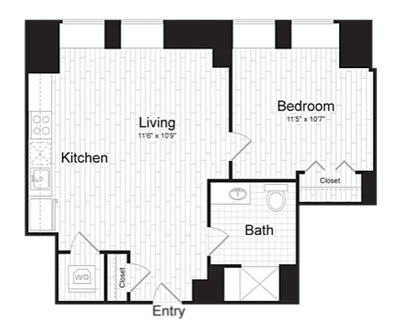 Modern open-concept floor plan with one bedroom, spacious living area, and functional kitchen. Includes bath and convenient washer-dryer setup.