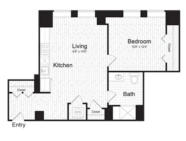 Modern floor plan showcasing a spacious one-bedroom apartment with an open kitchen-living area and a well-appointed bathroom.