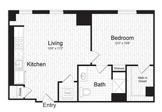 Charming floor plan showcasing 1 bedroom, an open living area, and a modern kitchen, complete with a spacious walk-in closet.