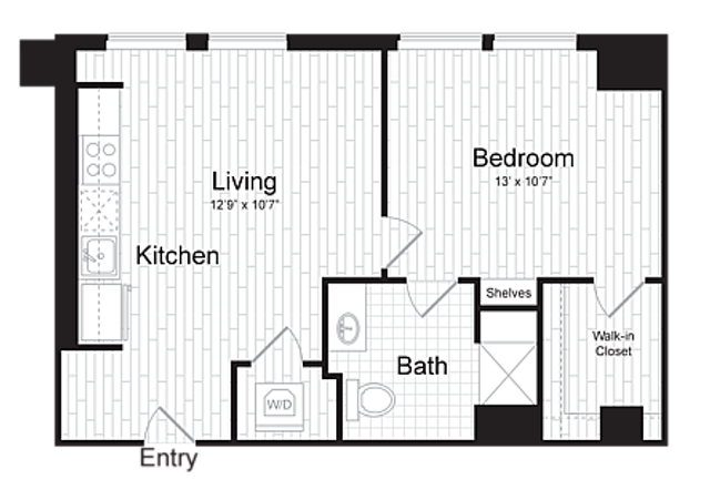 Modern floor plan showcasing a spacious 1-bedroom apartment with open living area, sleek kitchen, and luxurious bathroom featuring walk-in closet.