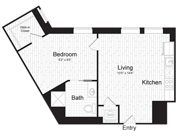 Modern floor plan showcasing a stylish one-bedroom apartment with open living area, compact kitchen, and bathroom with walk-in closet.