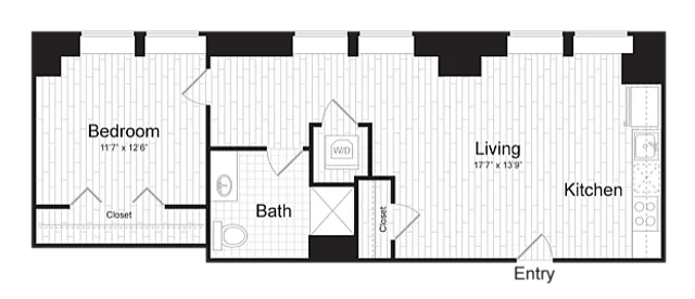 Elegant floor plan showcasing a spacious 1-bedroom with open-plan living and kitchen area, featuring modern design and efficient layout.