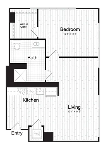 Modern floor plan showcasing a spacious one-bedroom layout with a walk-in closet, elegant bath, and an open kitchen leading to a generous living area.
