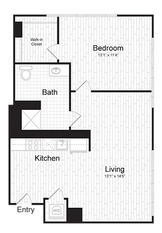 Modern floor plan featuring a spacious bedroom with walk-in closet, a well-equipped kitchen, and an inviting living area. Includes a convenient bath and laundry space.