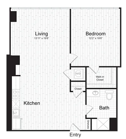 Modern floor plan featuring a spacious living area, open kitchen, cozy bedroom, and a walk-in closet.