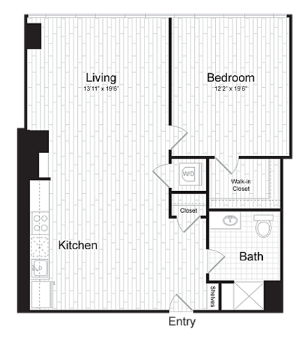 Modern apartment floor plan featuring a spacious living room, kitchen, bedroom with walk-in closet, and a bath, emphasizing open layout and efficient use of space.