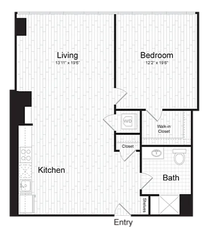 Inviting 1-bedroom apartment floor plan featuring a spacious living area, modern kitchen, and a cozy bath, complete with walk-in closet and washer/dryer.