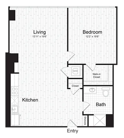 Chic floor plan highlighting a spacious living area, modern kitchen, cozy bedroom, and sleek bathroom with a walk-in closet.