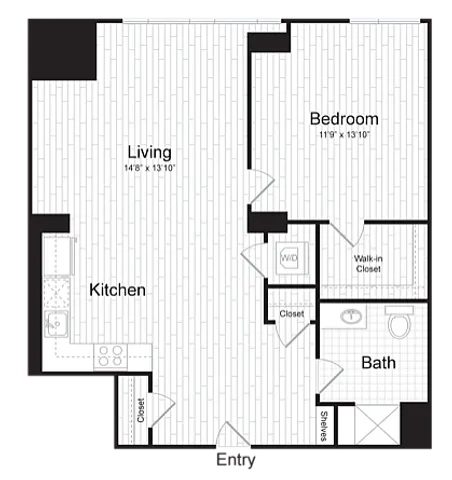 Chic floor plan showcasing a modern 1-bedroom apartment with an inviting living area, functional kitchen, and spacious bathroom.