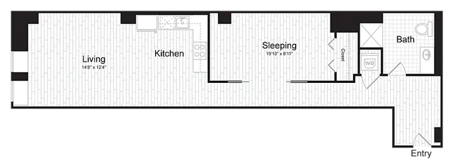Modern floor plan featuring an open living area, sleek kitchen, spacious sleeping space, and a well-appointed bathroom.