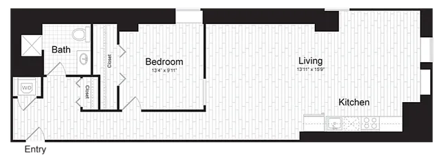 Modern floor plan showcasing a spacious living area, cozy bedroom, stylish kitchen, and well-appointed bath.