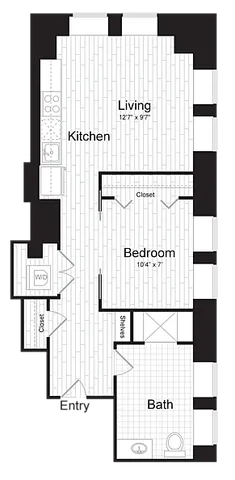 Modern 1-bedroom floor plan featuring an open living and kitchen area, spacious bath, and convenient closet space.