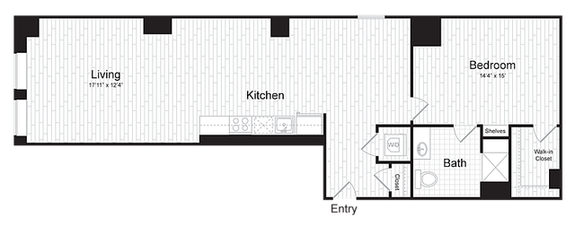 Modern floor plan showcasing an open living area, sleek kitchen, spacious bedroom, and luxurious bath with walk-in closet.