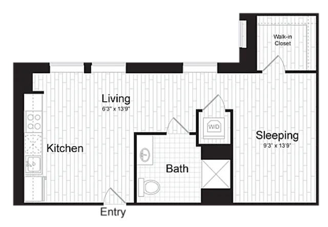 Modern floor plan with a spacious living area, functional kitchen, cozy sleeping space, and walk-in closet.