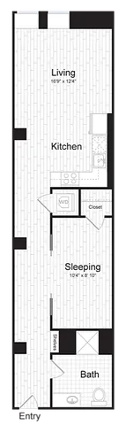 Modern apartment floor plan featuring a spacious living area, sleek kitchen, cozy sleeping space, and elegant bathroom.