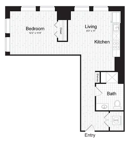 Chic floor plan with one bedroom, open living and kitchen area, and modern bath, perfect for urban living.