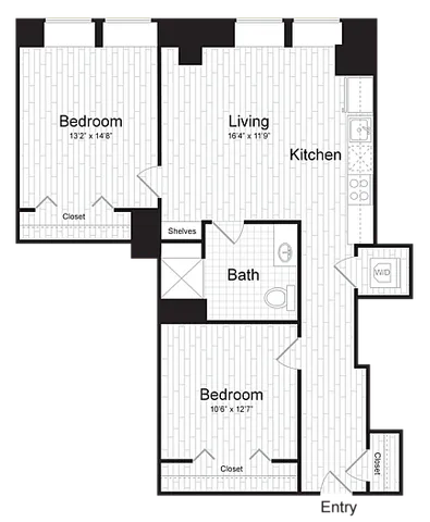 Modern floor plan featuring 2 spacious bedrooms, a combined living and kitchen area, and a well-appointed bathroom.