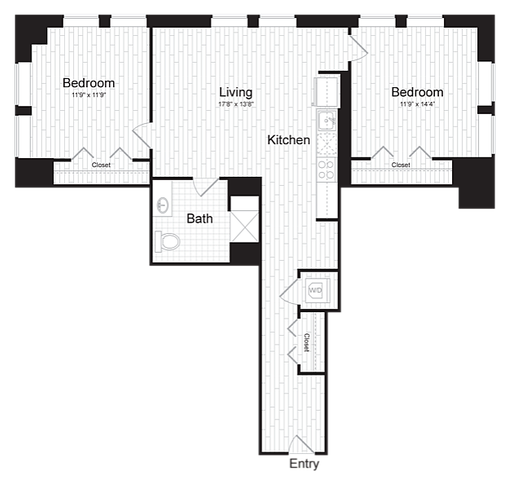 Modern floor plan featuring 2 spacious bedrooms, a large living area, and an open kitchen. Includes a convenient bathroom and ample storage space.