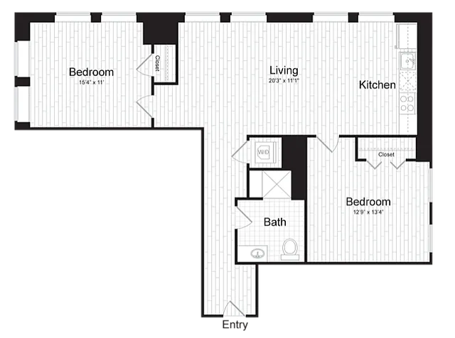 Elegant floor plan displaying a spacious living area, modern kitchen, and two well-sized bedrooms. Includes a stylish bathroom and ample storage closets.