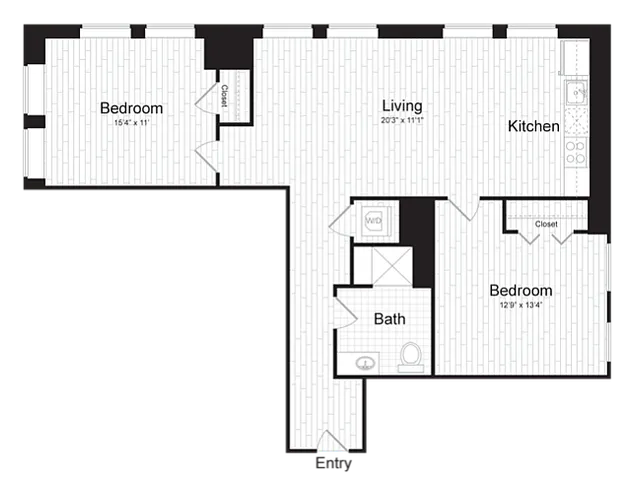 Modern floor plan with 2 bedrooms, elegant living area, and a sleek kitchen. Includes a spacious bath and in-unit washer-dryer.