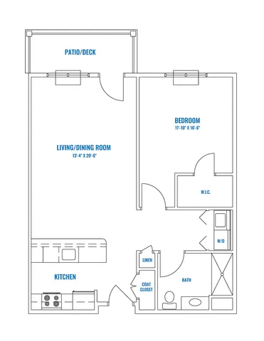 Modern apartment floor plan with one bedroom, spacious living and dining area, equipped kitchen, and a private patio/deck.