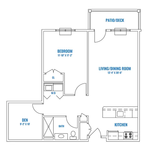 Modern 1-bedroom floor plan with spacious living/dining area, functional kitchen, cozy den, and private patio/deck.