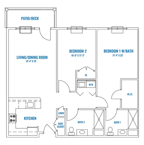 Spacious modern floor plan featuring 2 bedrooms, 2 baths, open living/dining area, and a sleek kitchen with a large patio/deck.