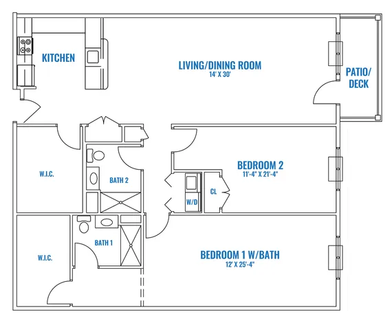Spacious floor plan showcasing 2 luxurious bedrooms, elegant living/dining area, modern kitchen, and inviting patio/deck.