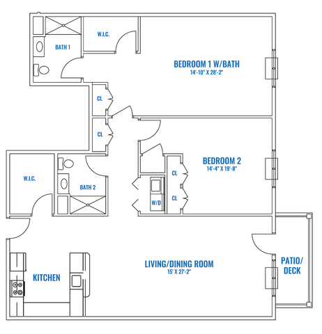 Modern floor plan showcasing 2 spacious bedrooms, 2 baths, open living/dining room, and a stylish kitchen with patio access.
