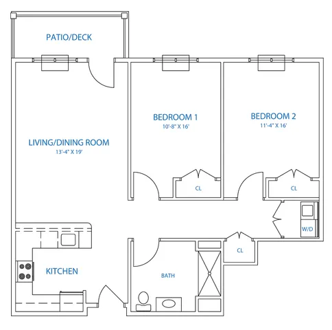 Modern floor plan with 2 spacious bedrooms, an open living/dining area, and a stylish kitchen with patio access.